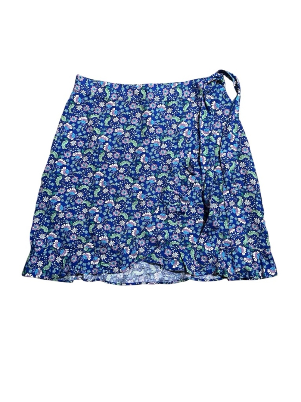 LOFT Size 6 Blue Floral Linen Blend Wrap Ruffle Mini Skirt